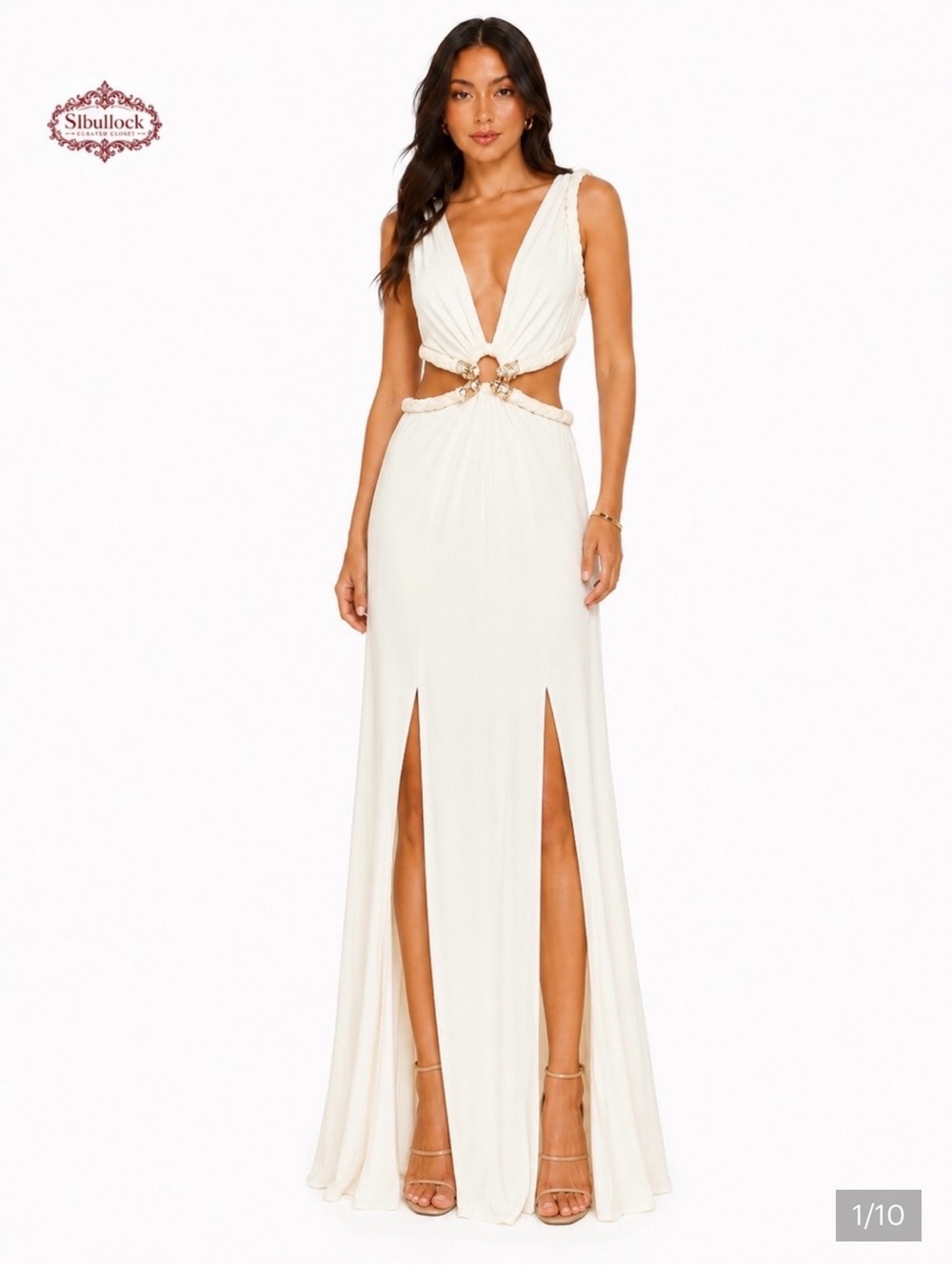 S5 SKY Made in USA White Rhinestone Cutout Maxi Dress Size M NWT
